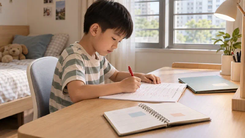 Boy correcting one worksheet beside a closed subject folder.