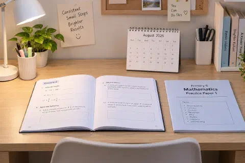 A practice paper beside an open workbook and calendar.