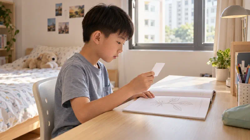 Boy comparing a recall card with an open worksheet.