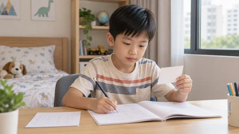 Boy comparing a prompt card with one worksheet.