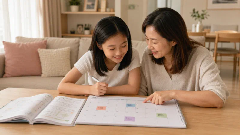 Mother and daughter reviewing a holiday study planner.