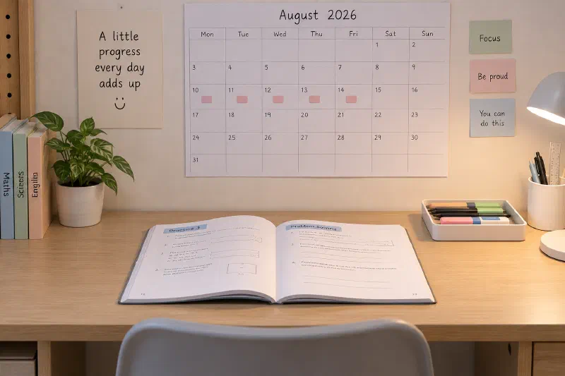 An open workbook beneath a calendar with regular study blocks.