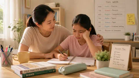 Parent reassuring a worried child during revision time.