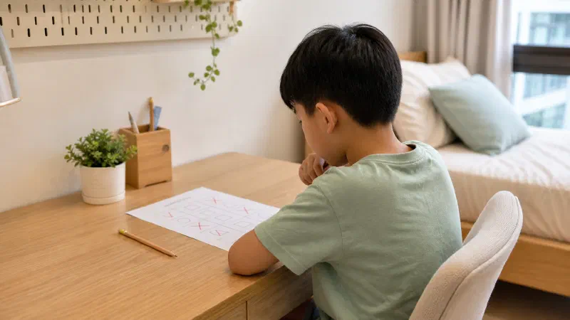 Boy looking at his badly done revision paper at a bedroom study desk.