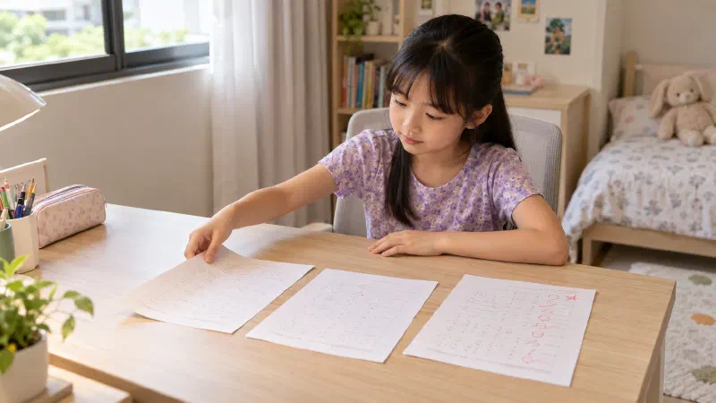 Girl selecting one question sheet from three options.