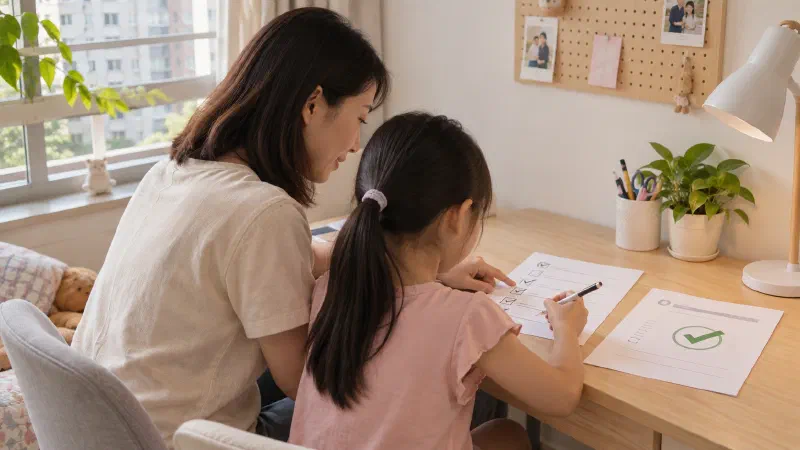 Mother and daughter checking a completed topic list.