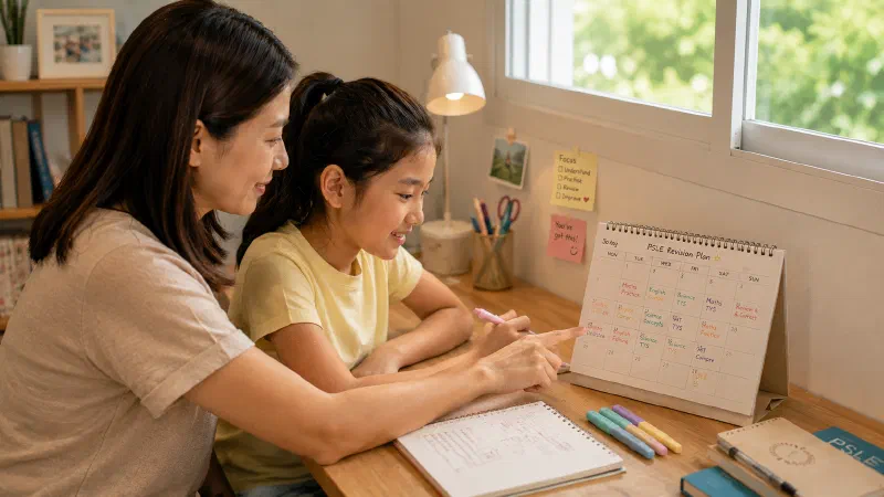 Parent and child looking at a calendar and planning revision together.