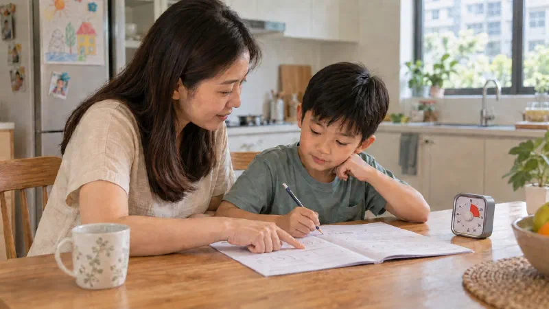 Mother and son reviewing a worksheet beside a timer.