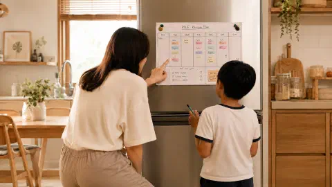 Parent and child reviewing a weekly revision plan pasted on the fridge.
