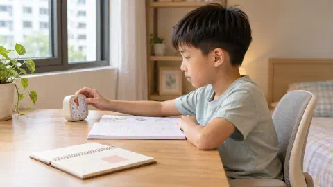 Boy checking a timer beside one open workbook.