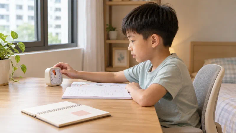 Boy checking a timer beside one open workbook.