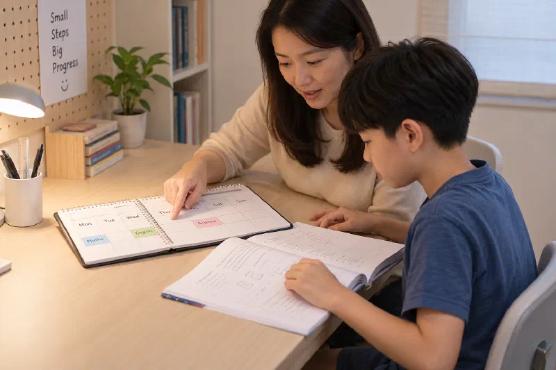 Mother pointing to a planner as her son opens a workbook.