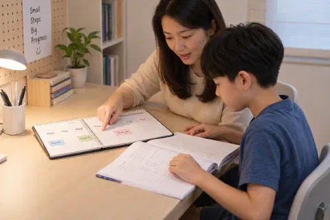 Mother pointing to a planner as her son opens a workbook.