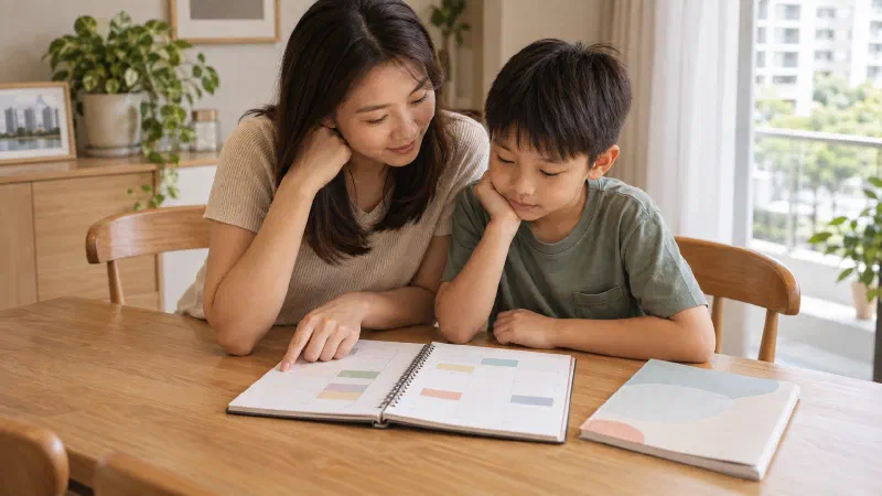 Mother and son reviewing a lightly filled holiday planner.