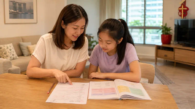Mother and daughter reviewing a marked exam paper.