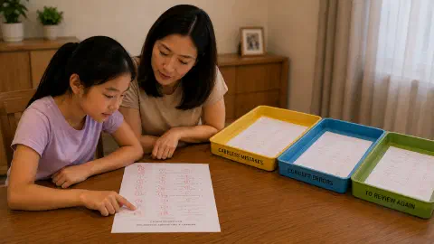 Mother and daughter examining a prelim paper beside three coloured sorting trays at a dining table.