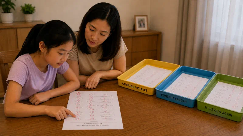Mother and daughter examining a prelim paper beside three coloured sorting trays at a dining table.