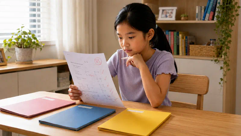 Girl reviewing a corrected worksheet beside three separate folders and a calendar in a home study room.