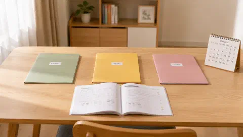 Three subject folders beside an open workbook and calendar.