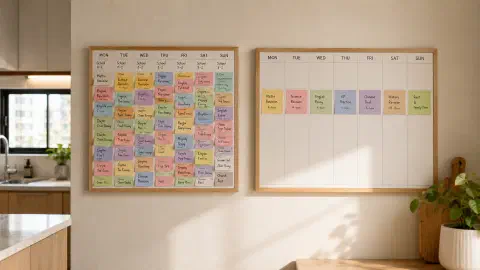 Two kitchen wall planners contrasting overlapping coloured blocks with a spacious daily schedule.