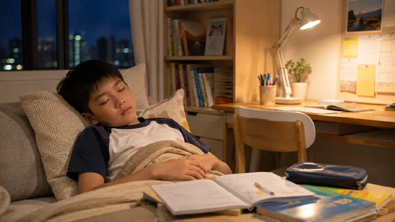 Child resting after an evening revision session.