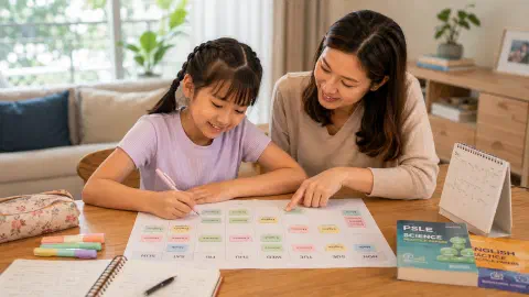 Parent and child planning a revision schedule together.