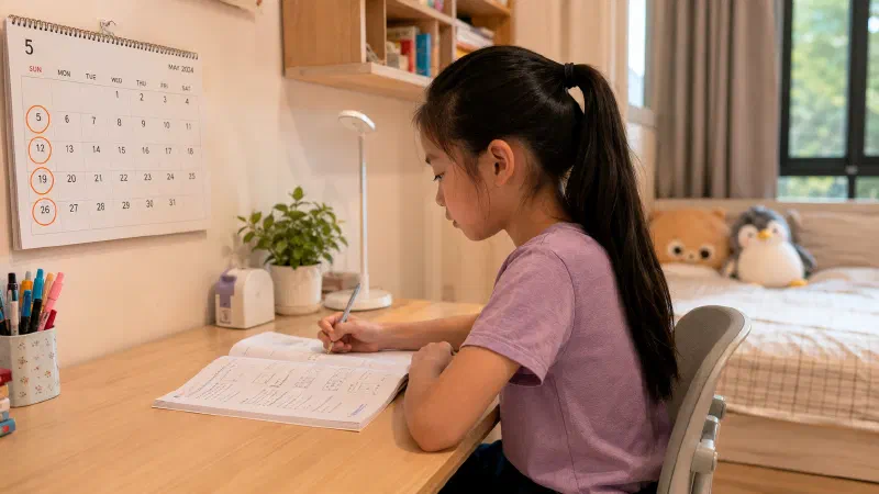 Girl reviewing a workbook beneath a wall calendar.