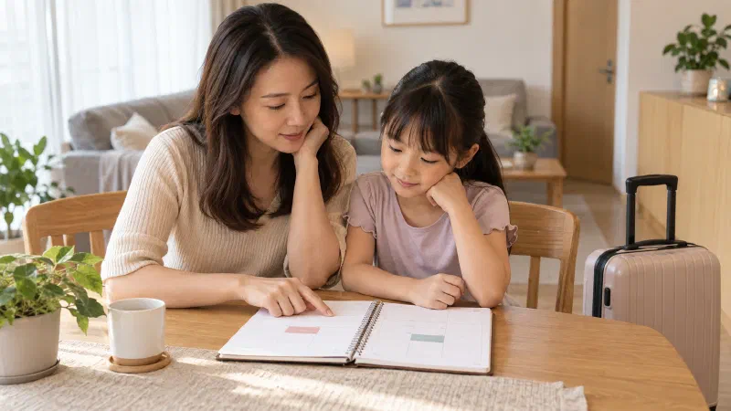 Mother and daughter reviewing a planner beside a suitcase.