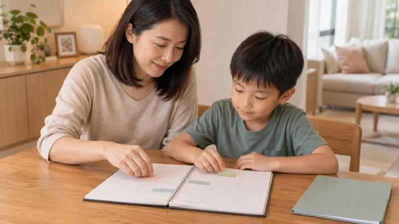 Mother and son arranging coloured blocks on a weekly planner.