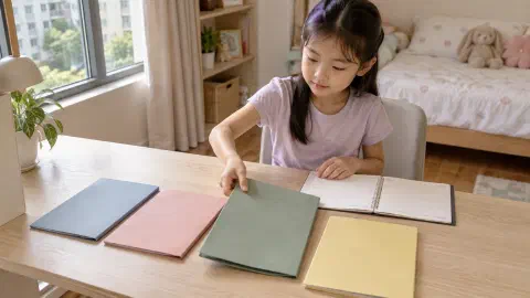 Girl selecting one of four separately arranged subject folders.