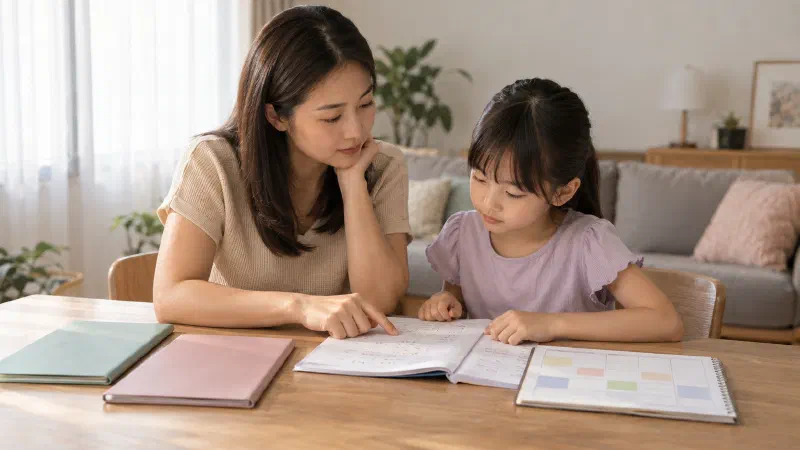 Mother and daughter comparing two subject folders.