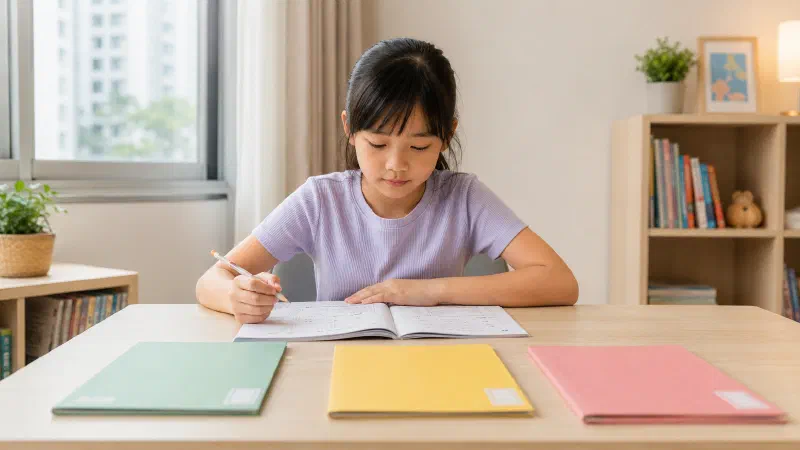 Girl reviewing a worksheet beside three subject folders.