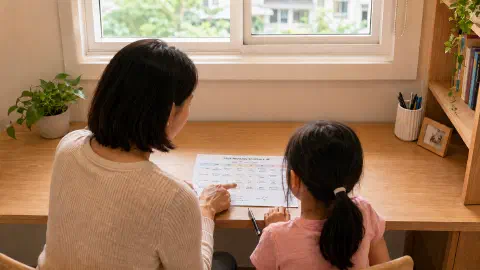 Parent and child reviewing different subjects for revision.
