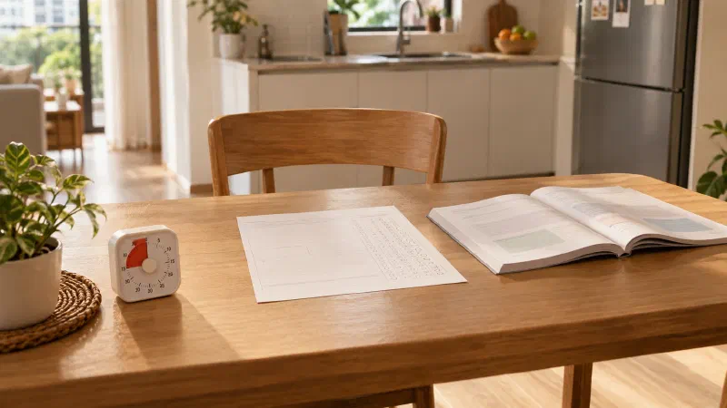 Practice paper beside one open workbook and a timer.