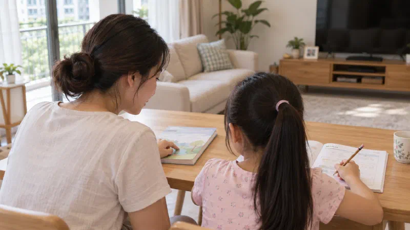 Mother and daughter comparing earlier and current workbooks.