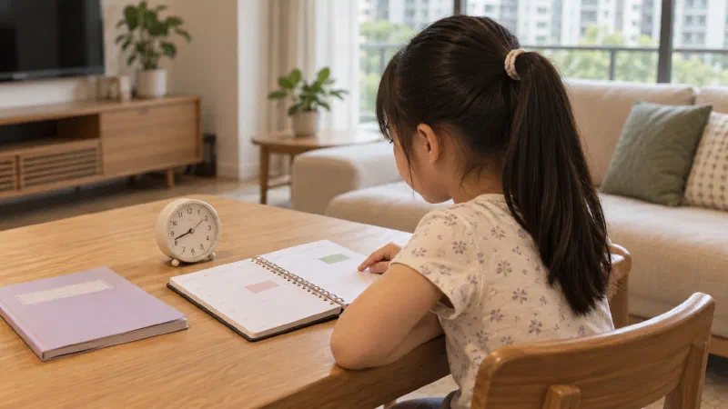 Girl checking a clock beside a lightly filled planner.