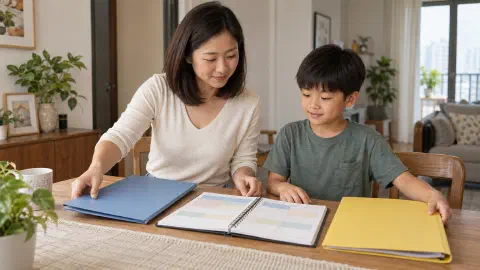 Mother and son arranging two folders beside a planner.