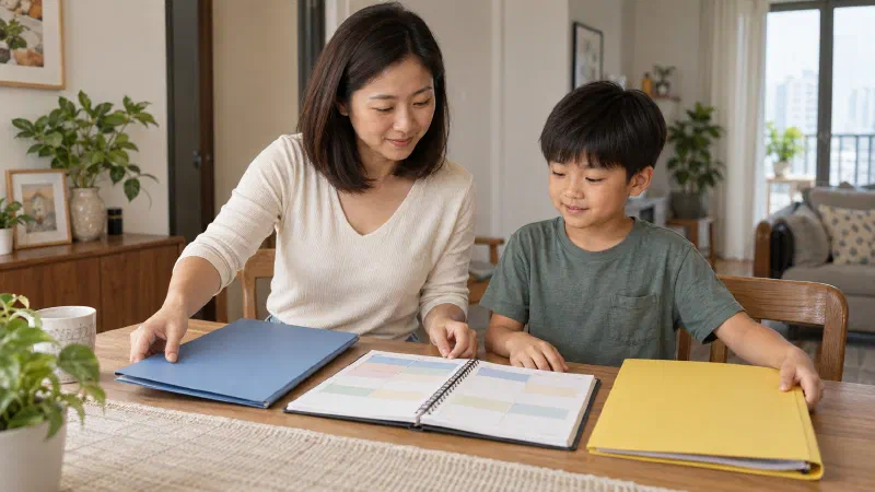 Mother and son arranging two folders beside a planner.