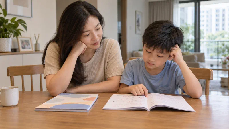 Mother and son comparing a workbook with schoolwork.