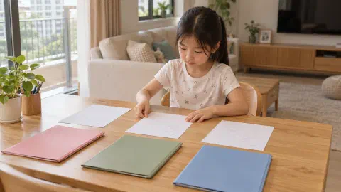 Girl sorting three marked sheets into separate folders.