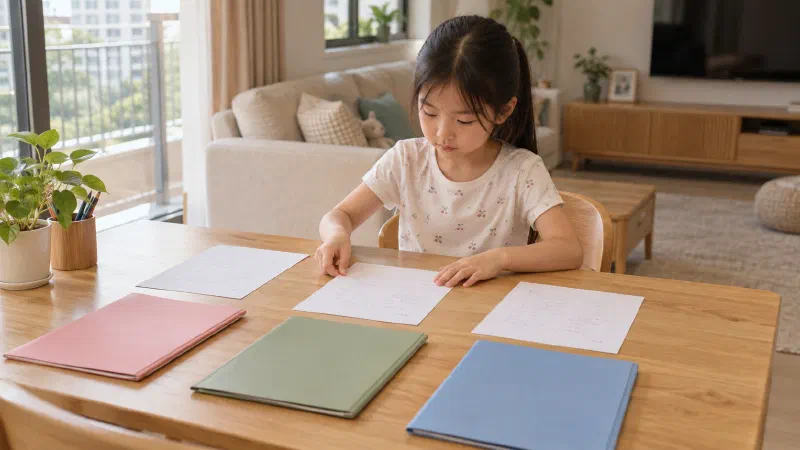 Girl sorting three marked sheets into separate folders.