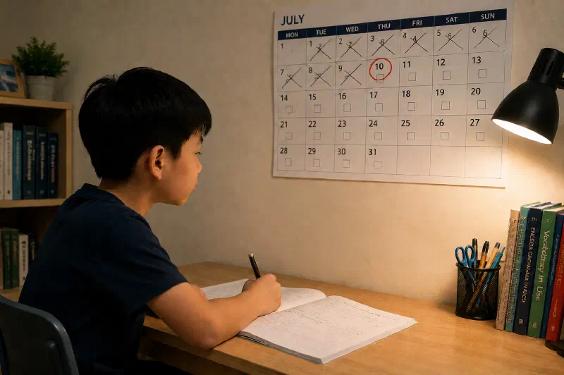 Side view of a boy at a desk beneath a calendar with blank task cards pinned to earlier dates.