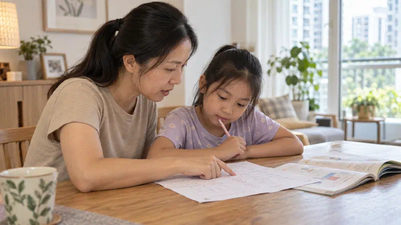 Mother and daughter examining one corrected worksheet.