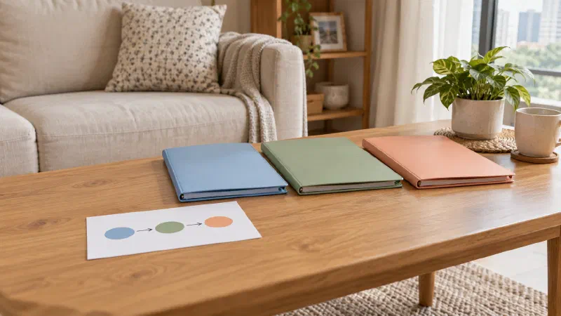 Three coloured folders arranged in a clear sequence.
