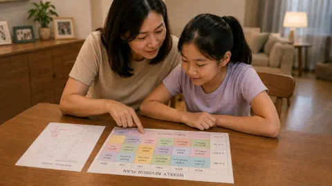 Mother and daughter reviewing a colour-blocked weekly planner and corrected worksheet at a dining table.