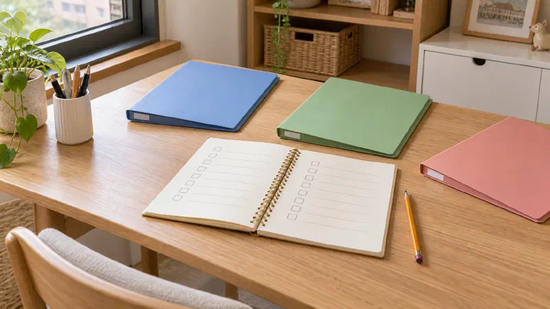 Open checklist beside three separate subject folders.