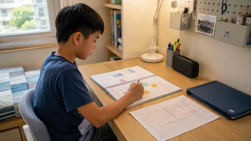 Boy updating a weekly planner beside a corrected worksheet.