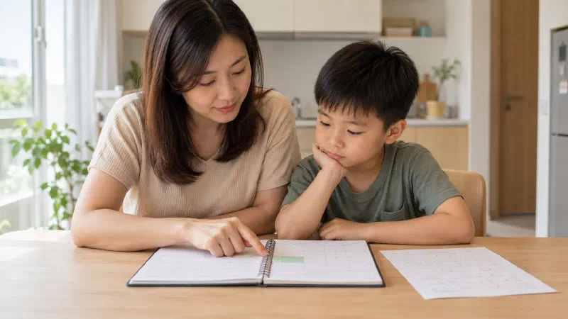Mother and son checking one task on a planner.