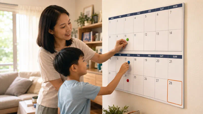 Mother and son placing coloured magnets on selected days of a two-week living-room calendar.