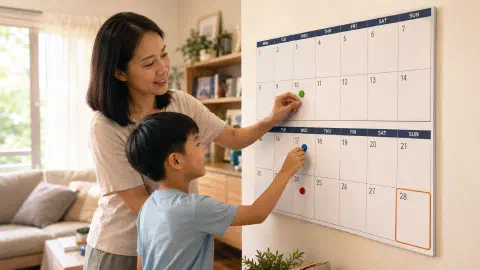 Mother and son placing coloured magnets on selected days of a two-week living-room calendar.